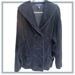Vintage Ralph Lauren Polo Sport Velour Hoodie Jacket Black Double Breasted Sz. L